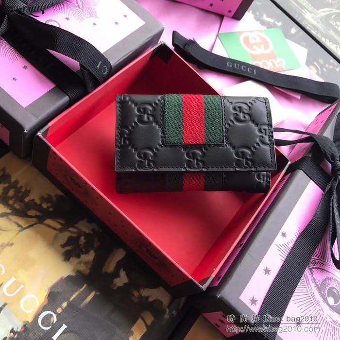 GUCCI古馳 新款 408828黑壓全皮 2018最新款 鑰匙包系列 雙GG壓花織帶 鑰匙包  ydgq3486